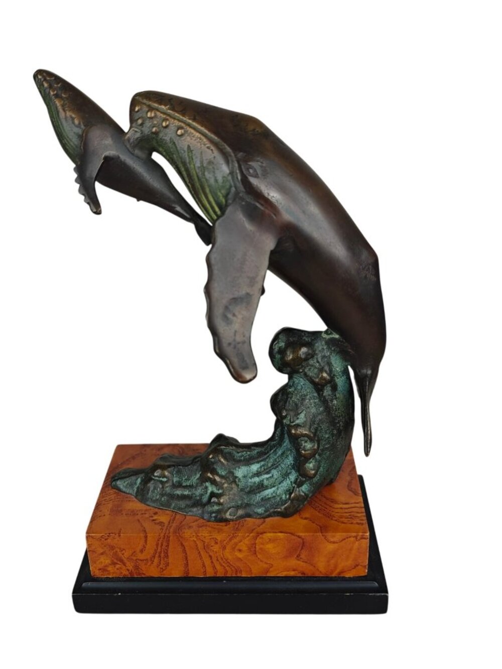 Brass Humpback Whale Sculpture Solid Wooden Base Ocean Marine Art Vintage
